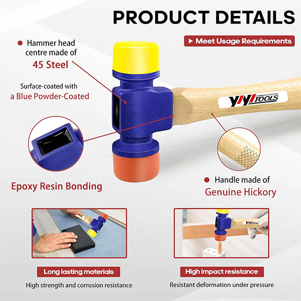 YIYITOOLS 12oz Soft Face Hammer with Hard Hickory Wood Handle & Soft/Hard Tips - Image 3