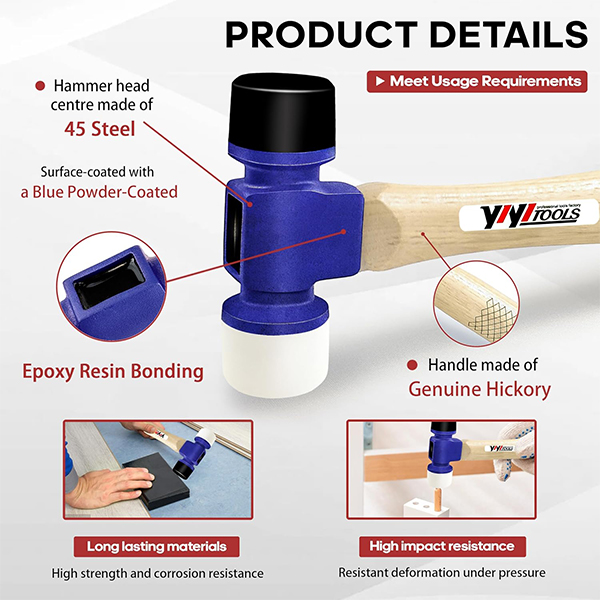 YIYITOOLS 24oz Soft Face Hammer with Hard Hickory Wood Handle & Soft/Hard Tips - Image 6