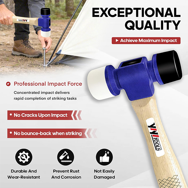 YIYITOOLS 24oz Soft Face Hammer with Hard Hickory Wood Handle & Soft/Hard Tips - Image 4