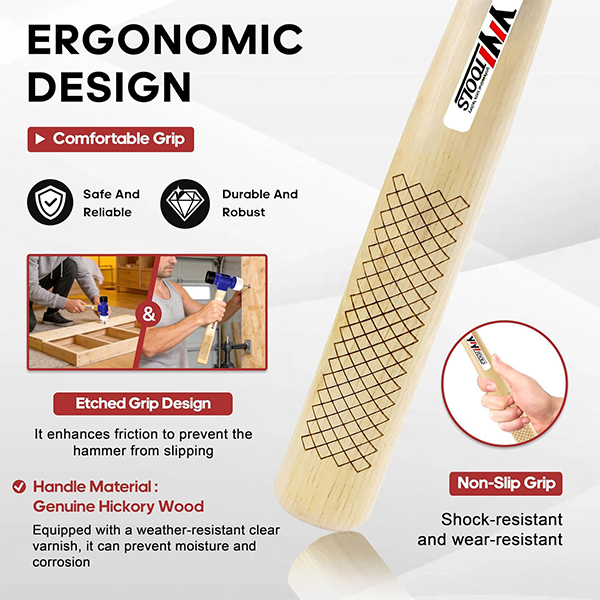 YIYITOOLS 24oz Soft Face Hammer with Hard Hickory Wood Handle & Soft/Hard Tips - Image 3