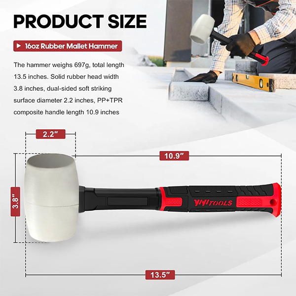 YIYITOOLS 16oz White Rubber Mallet Hammer - Image 2