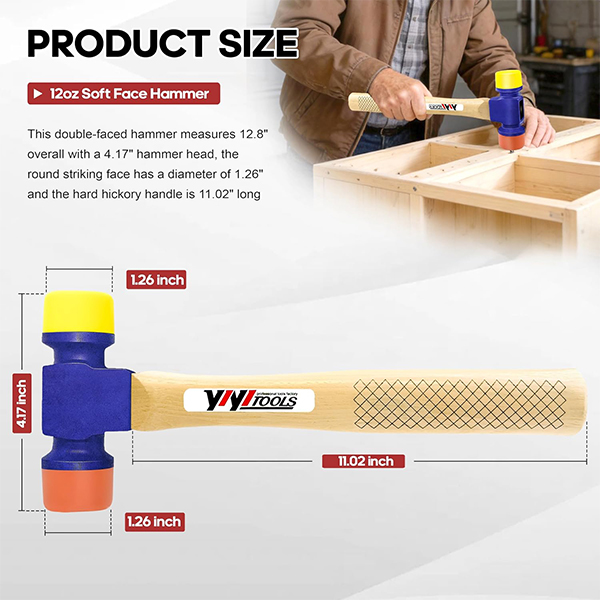 YIYITOOLS 12oz Soft Face Hammer with Hard Hickory Wood Handle & Soft/Hard Tips - Image 2