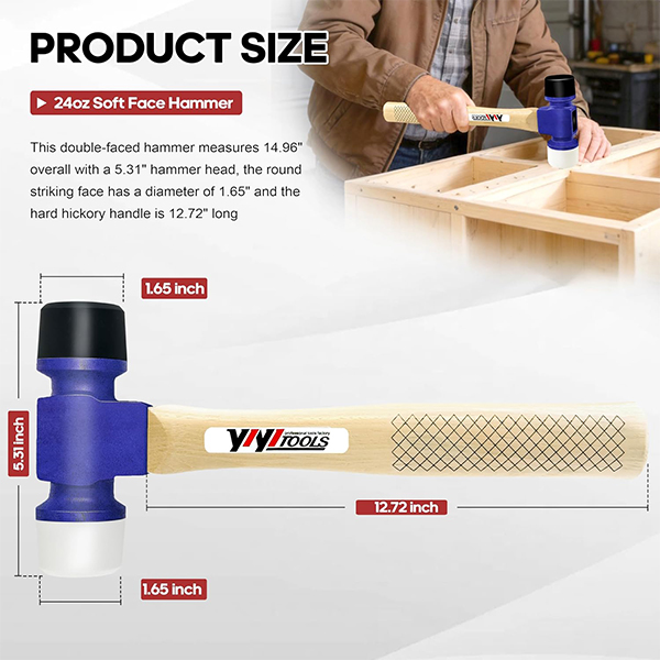 YIYITOOLS 24oz Soft Face Hammer with Hard Hickory Wood Handle & Soft/Hard Tips - Image 2