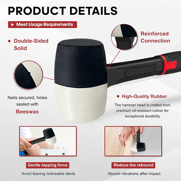 YIYITOOLS 16oz Black-and-White Rubber Mallet Hammer - Image 3