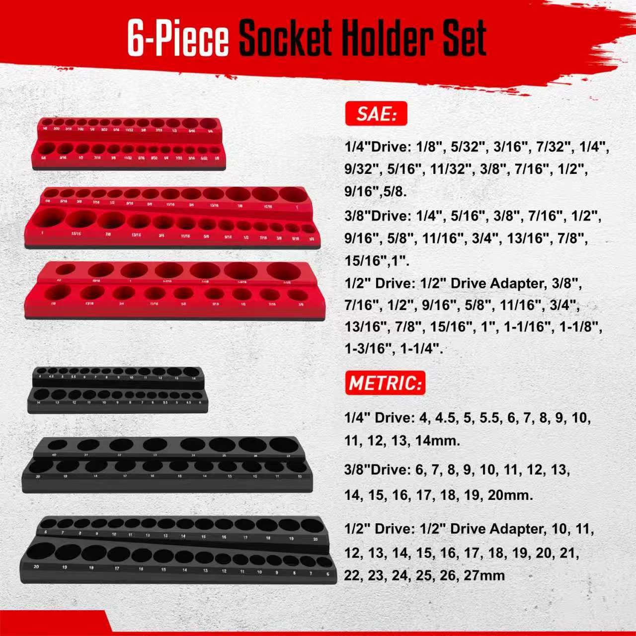6-Piece Magnetic Socket Holder Set, SAE & Metric Socket Organizer for 1/4",3/8",1/2" Drive - Image 3