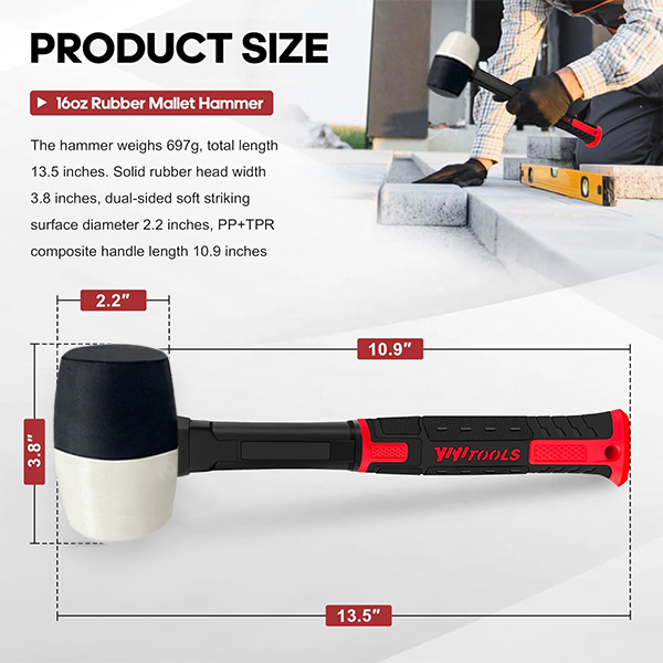YIYITOOLS 16oz Black-and-White Rubber Mallet Hammer - Image 2