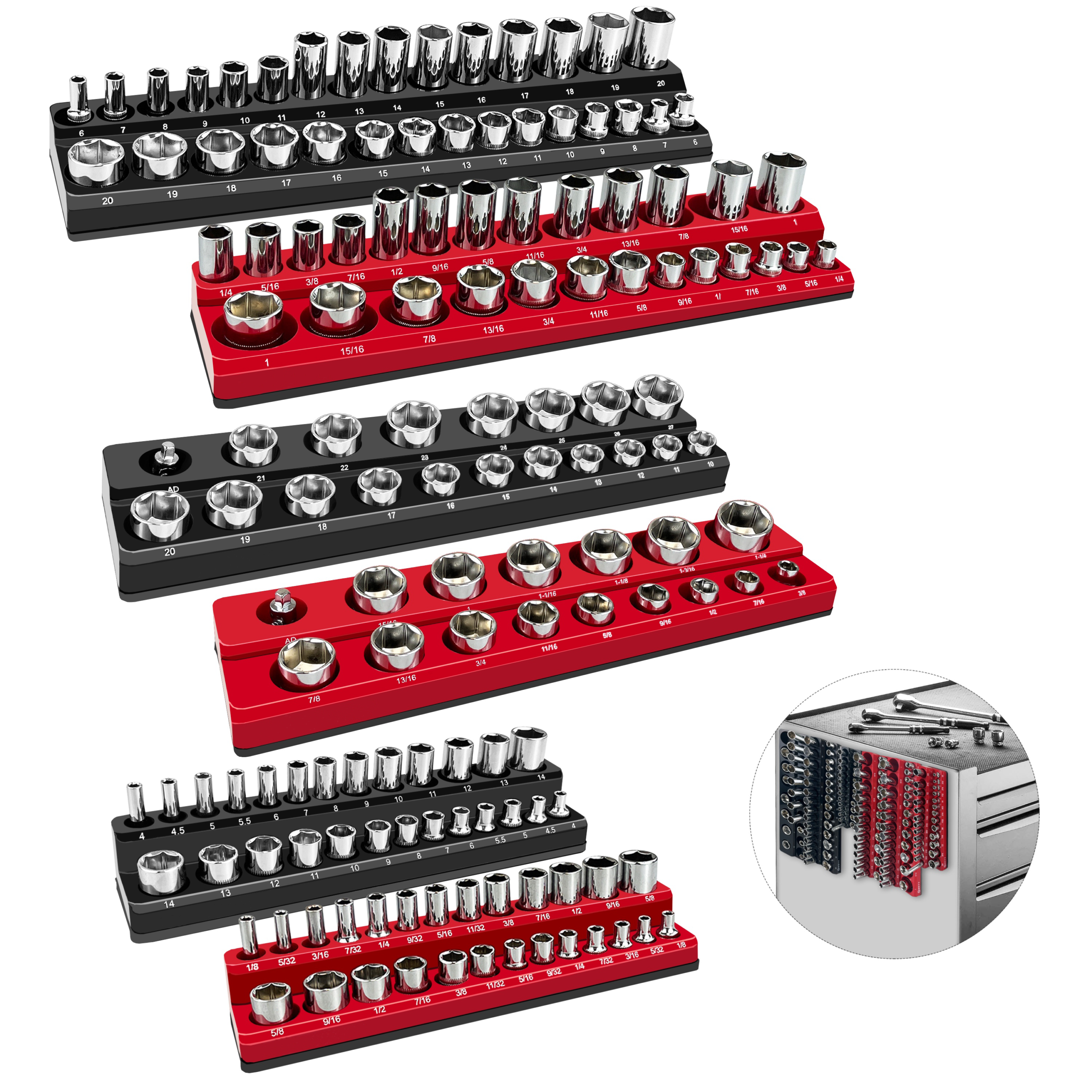 6-Piece Magnetic Socket Holder Set, SAE & Metric Socket Organizer for 1/4",3/8",1/2" Drive
